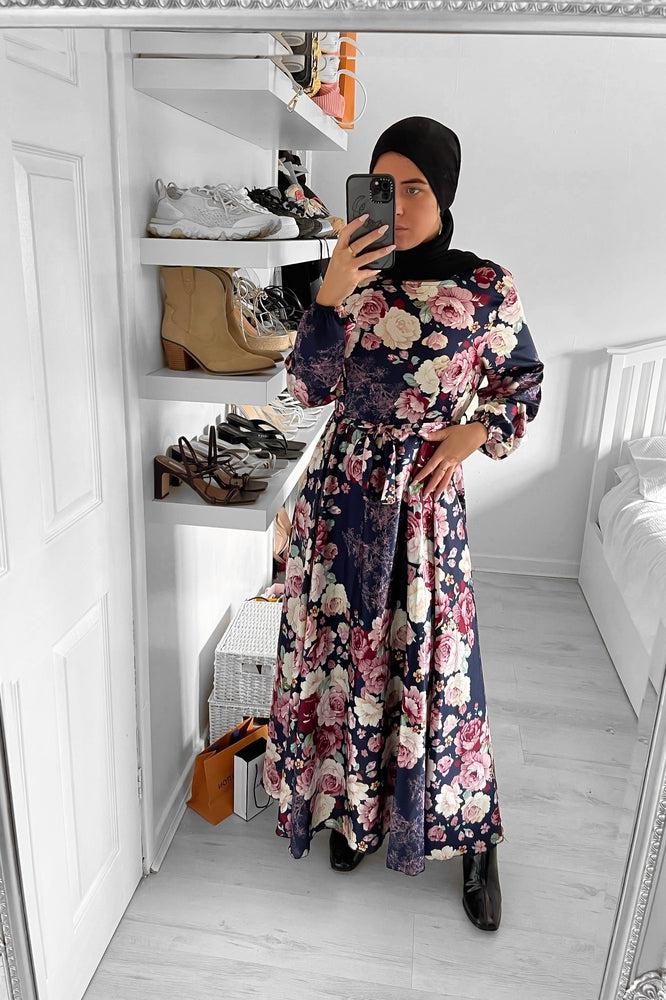 Floral Print Waist Tie Satin Modest Dress-SinglePrice